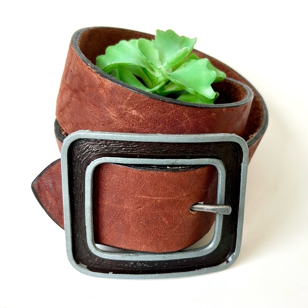 Vintage Shad Leather Wide Brown Belt Square Rectangle Metal Buckle Size 30 S XS